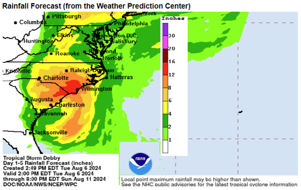 Predicted Rainfall Accumulation During Debby